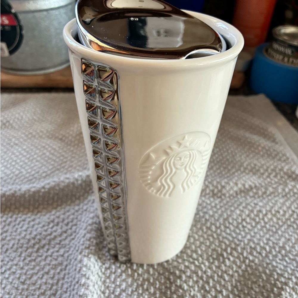 Starbucks White Ceramic Travel Mug with Silver Punk Studs